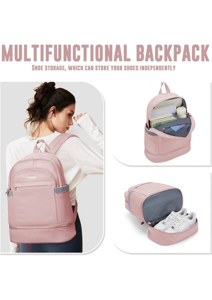 Ayakkabı Bölmesi ile Kadın Spor Sırt Çantası, Su Geçirmez Spor Çantası Katlanabilir Seyahat Dizüstü Bilgisayar Sırt Çantası Yüzme Yoga Rengi: Pembe (Yurt Dışından)