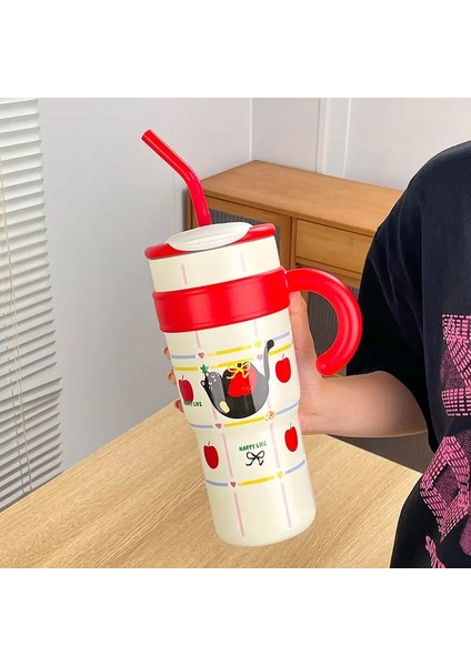 700ML/1.2L Saplı Kapak Saman Sevimli Kedi Termos Fincan Paslanmaz Çelik Su Şişesi Açık Seyahat Araba Kahve Kupa Hediye Kapasitesi: 601-700ML/RENK: Kırmızı (Yurt Dışından)
