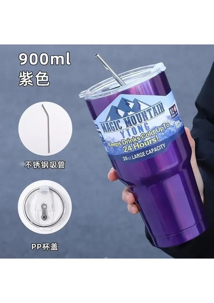 Sihirli Paslanmaz Çelik Dondurucu Termos Kupası Saman Buz Kahve Içecek Vakum Yalıtımlı Şişe Araç Seyahat Açık Dağ Kupası Kapasite: 900ML/RENK: A5 (Yurt Dışından)