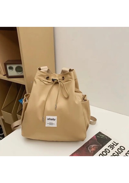 Drawstring Tokalı Çok Cep Kavisli Omuz Kayışı Kare Dikey Büyük Kapasiteli Fermuar Dış Çanta Düz Renk Sırt Çantası Renk: Haki (Yurt Dışından)