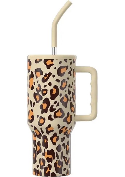 40OZ 304 Paslanmaz Çelik Saman Yalıtılmış Buz Kupası Büyük Kapasiteli Termal Kupa Tumbler Şık Yalıtımlı Kahve Kupası Kapasitesi: 40OZ/RENK: Leopar Baskı-Kahverengi (Yurt Dışından)
