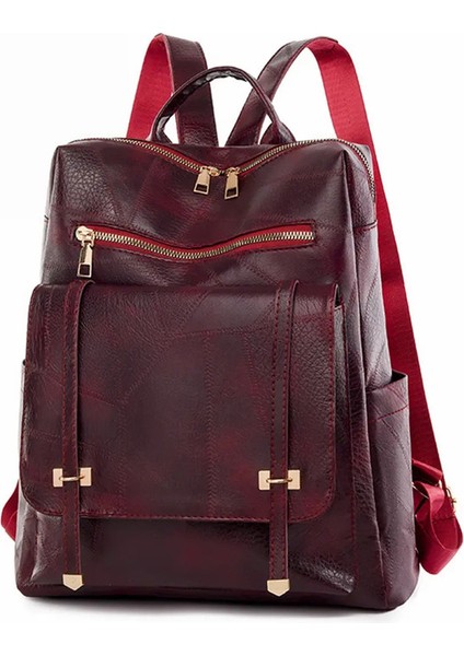 Sırt Çantası Moda Kore Edition Moda Düz Renkli Kadınlar Sırt Çantası Gündelik Pu Yumuşak Deri Anti Sıçrama Seyahat Çantası-Ljx Renk: 1 Adet Kırmızı (Yurt Dışından)