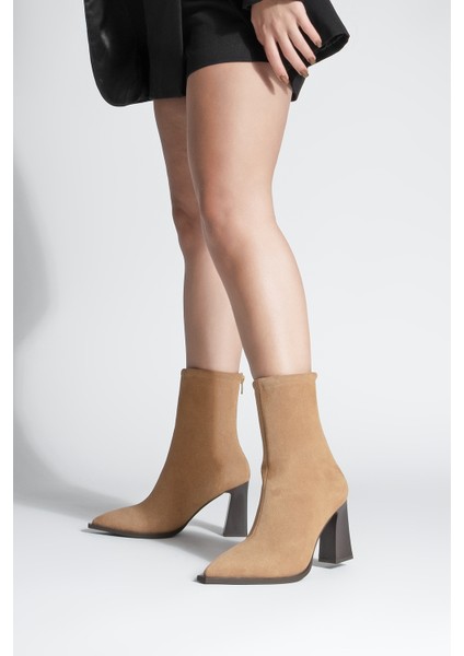 Kadın Topuklu Bot Sivri Burun Arkadan Fermuarlı Kalın Ökçe Kikas Taba Süet fırsatları