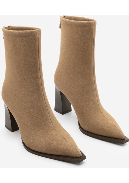Kadın Topuklu Bot Sivri Burun Arkadan Fermuarlı Kalın Ökçe Kikas Taba Süet indirimleri