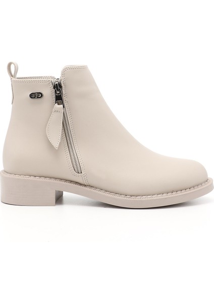Kadın Bej Kalın Topuklu Çift Fermuarlı Bot