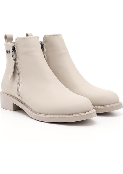 Kadın Bej Kalın Topuklu Çift Fermuarlı Bot