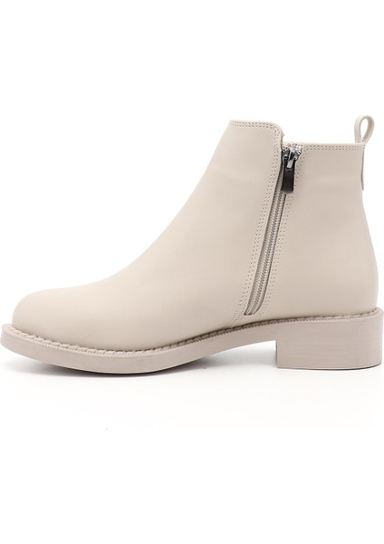 Kadın Bej Kalın Topuklu Çift Fermuarlı Bot