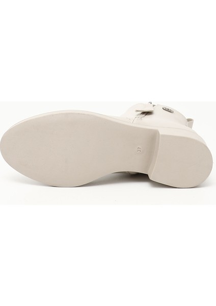 Kadın Bej Kalın Topuklu Çift Fermuarlı Bot