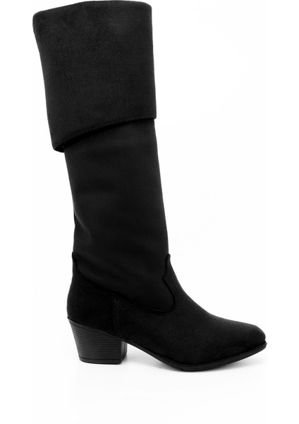 Kadın Siyah Deri Sivri Burun Kalın Topuklu Kovboy Çizme