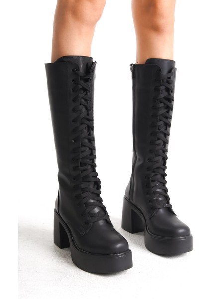 Kalın Taban Topuklu Fermuarlı Diz Altı Sade Bağcıklı Kadın Çizme