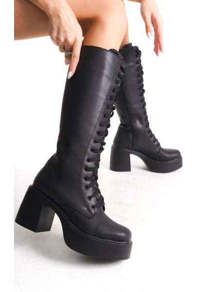 Kalın Taban Topuklu Fermuarlı Diz Altı Sade Bağcıklı Kadın Çizme modelleri
