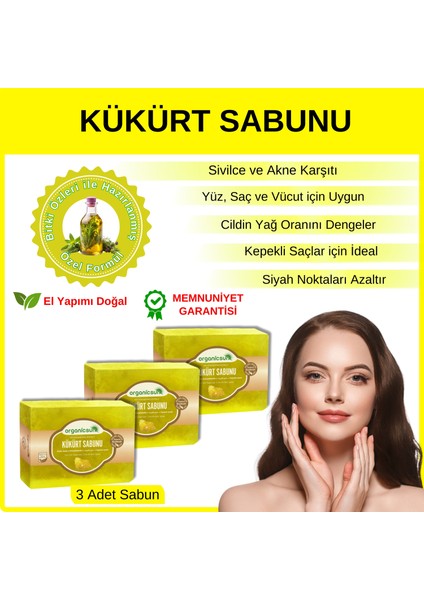 Doğal Kükürt Sabunu 140 gr x 3 Adet Tüm Cilt Tipleri Için Antioksidan ve Yenileyici Etkili