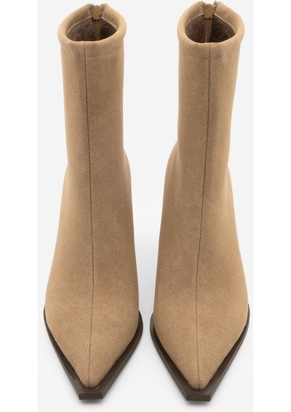 Kadın Topuklu Bot Sivri Burun Arkadan Fermuarlı Kalın Ökçe Kikas Taba Süet