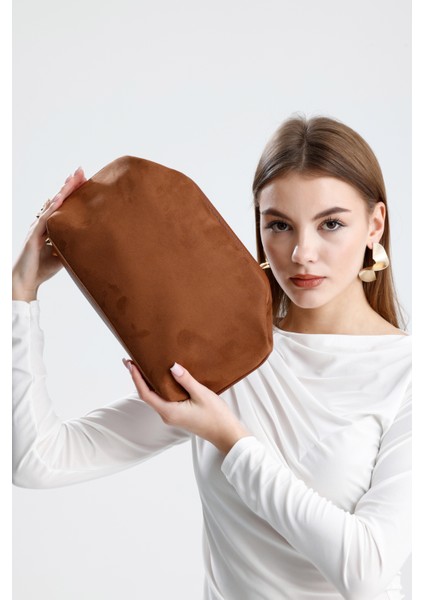 Kadın Taba Kahve Süet Clutch El Çantası