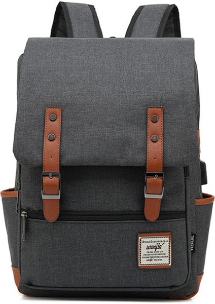 USB Şarj Portlu Retro Naylon Oxford Kumaş Sırt Çantası Dizüstü Bilgisayar Giysileri Çift Omuz Çantası - Siyah Fermuarlı / Koyu Gri (Yurt Dışından)