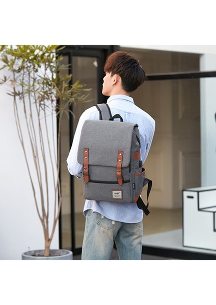 USB Şarj Portlu Retro Naylon Oxford Kumaş Sırt Çantası Dizüstü Bilgisayar Giysileri Çift Omuz Çantası - Siyah Fermuarlı / Koyu Gri (Yurt Dışından) fiyatları