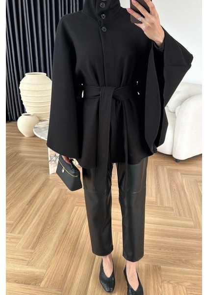 Dik Yaka Düğmeli Kuşaklı Bağlamalı Bele Oturan Tasarım Muadil Yumuşak Doku Kaşe Trend Panço Ceket fiyatları