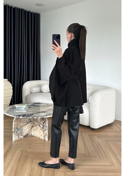 Dik Yaka Düğmeli Kuşaklı Bağlamalı Bele Oturan Tasarım Muadil Yumuşak Doku Kaşe Trend Panço Ceket modelleri