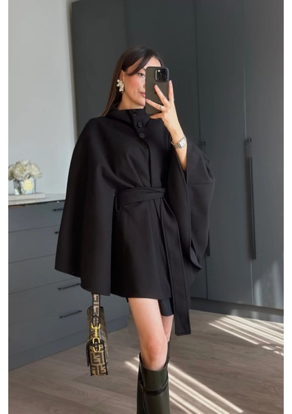 Dik Yaka Düğmeli Kuşaklı Bağlamalı Bele Oturan Tasarım Muadil Yumuşak Doku Kaşe Trend Panço Ceket fırsatları