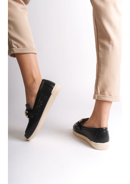 Layla Bağcıksız Ortopedik Rahat Taban Çiçek Desenli Kadın Babet Ayakkabı Ckt - Siyah fiyatları