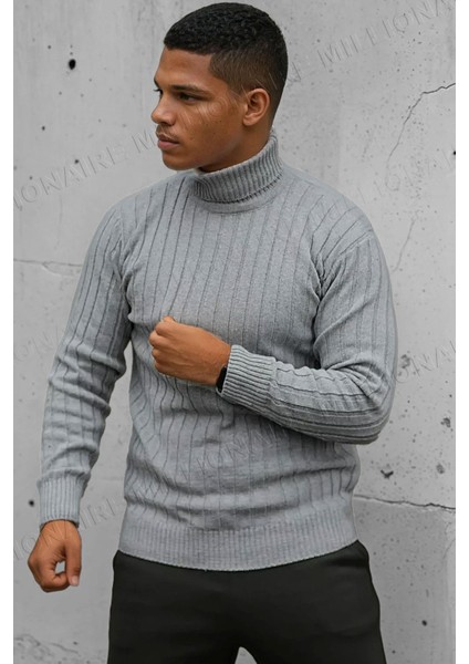 Erkek Gri Boğazlı Balıkçı Yaka Kışlık Triko Kazak