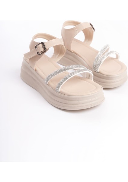 Zlohe Kalın Tokalı Taşlı Şeritli Ortopedik Taban Kadın Sandalet Ckt - Krem modelleri