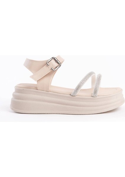 Zlohe Kalın Tokalı Taşlı Şeritli Ortopedik Taban Kadın Sandalet Ckt - Krem indirimleri