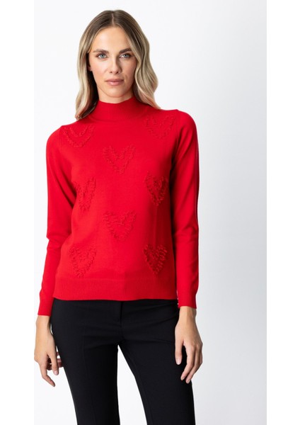 Kadın Püsküllü Kalp Detaylı Dik Yaka Kazak 65325 Kırmızı
