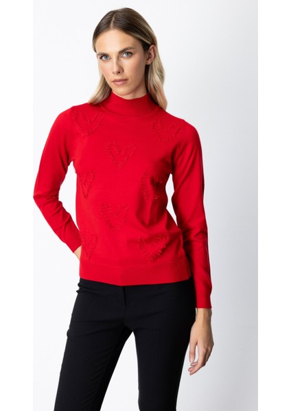 Kadın Püsküllü Kalp Detaylı Dik Yaka Kazak 65325 Kırmızı fiyatları