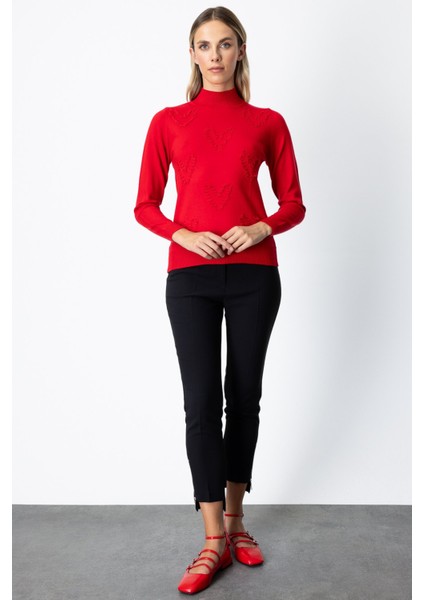 Kadın Püsküllü Kalp Detaylı Dik Yaka Kazak 65325 Kırmızı modelleri