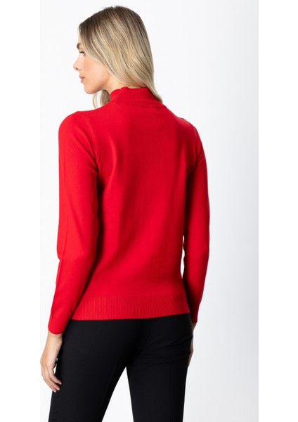 Kadın Püsküllü Kalp Detaylı Dik Yaka Kazak 65325 Kırmızı fırsatları