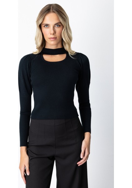 Kadın Balon Kol Pencere Detaylı Kazak 65303 Siyah