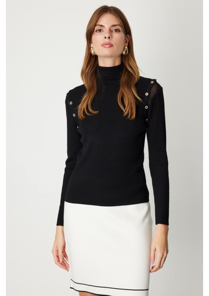 Kadın Balıkçı Yaka Düğme Detaylı Triko Kazak 60414 Siyah