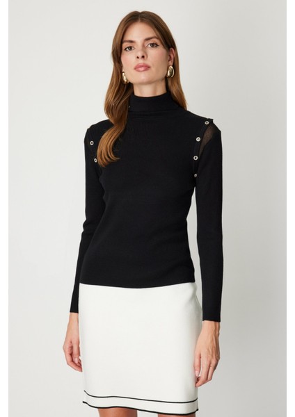Kadın Balıkçı Yaka Düğme Detaylı Triko Kazak 60414 Siyah fiyatları
