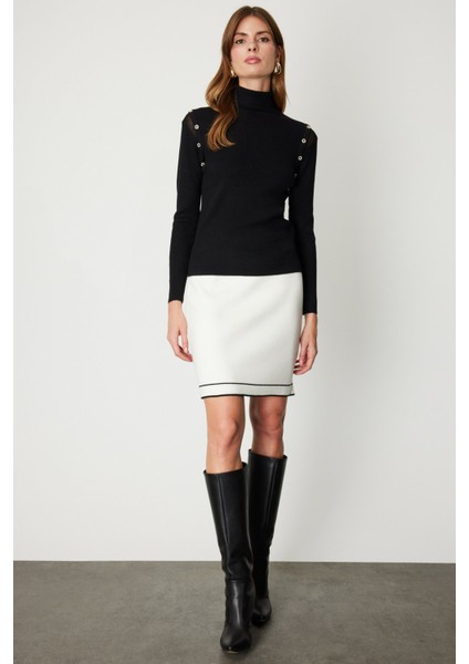 Kadın Balıkçı Yaka Düğme Detaylı Triko Kazak 60414 Siyah modelleri