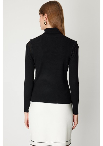 Kadın Balıkçı Yaka Düğme Detaylı Triko Kazak 60414 Siyah fırsatları