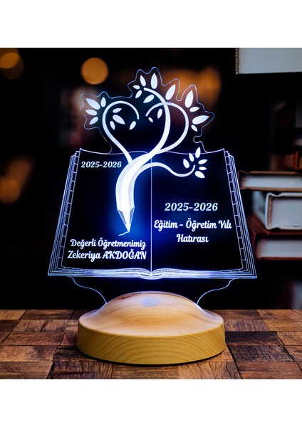 Öğretmenler Günü Hediyesi 3D LED Lamba - Mezuniyet Hatırası, İsimli Öğretmene Hediye, Kitap Tasarımlı Sevgili Öğretmenim Masa Lambası