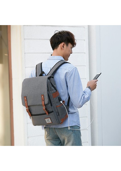 USB Şarj Portlu Retro Naylon Oxford Kumaş Sırt Çantası Dizüstü Bilgisayar Giysileri Çift Omuz Çantası - Açık Altın Fermuarlı / Koyu Gri (Yurt Dışından) fırsatları