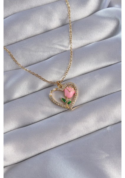 Bfs 316L Çelik Zincirli Gold Renk Zirkon Taşlı Kalp Içinde Pembe Gül Tasarımlı Kolye