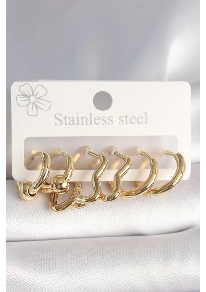 Bfs 316L Çelik Gold Renk Yıldız Halka Model Kadın Küpe Seti