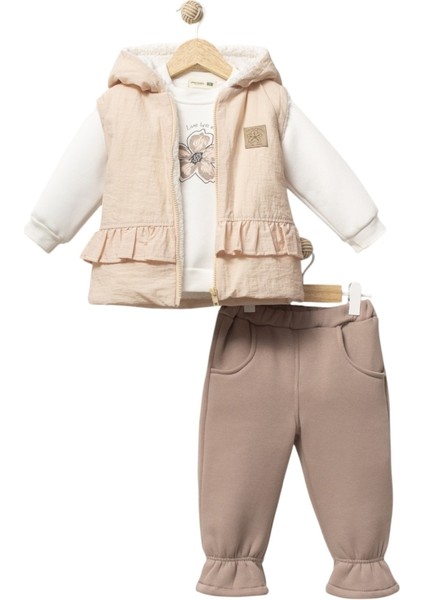 Çiçek Baskılı Yelekli Üç Ip Kız Takım