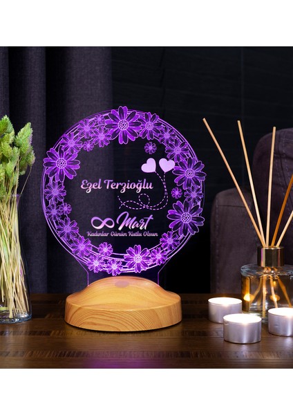 8 Mart Kadınlar Günü Hediyesi - Papatya Desenli İsimli ED Lamba, Öğretmene, Arkadaşa, Sevgiliye Kadınlar Günü Hediyesi