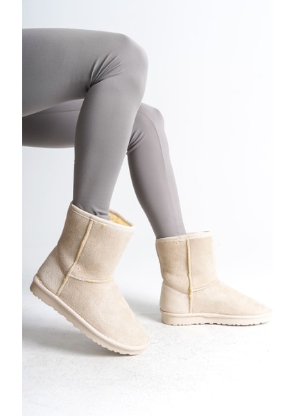 Selına Bağcıksız Düz Taban Içi Kürklü Süet Kadın Bot Skt - Krem