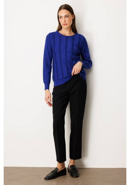 Kadın Sıfır Yaka Püskül Detaylı Triko Kazak 65306 Saks modelleri