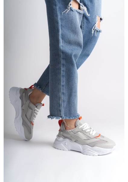 Tokyo Bağcıklı Ortopedik Taban Triko Detaylı Kadın Spor Ayakkabı Tbt - Gri/turuncu