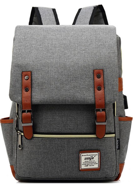 USB Şarj Portlu Retro Naylon Oxford Kumaş Sırt Çantası Dizüstü Bilgisayar Giysileri Çift Omuz Çantası - Açık Altın Fermuarlı / Gri (Yurt Dışından)