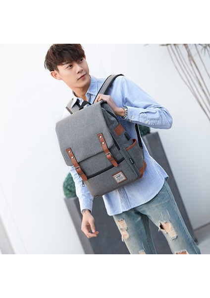 USB Şarj Portlu Retro Naylon Oxford Kumaş Sırt Çantası Dizüstü Bilgisayar Giysileri Çift Omuz Çantası - Açık Altın Fermuarlı / Gri (Yurt Dışından) modelleri