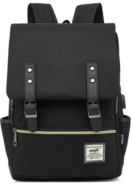 USB Şarj Portlu Retro Naylon Oxford Kumaş Sırt Çantası Dizüstü Bilgisayar Giysi Çift Omuz Çantası - Açık Altın Fermuarlı / Tam Siyah (Yurt Dışından)