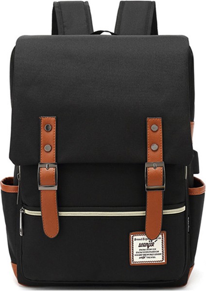 USB Şarj Portlu Retro Naylon Oxford Kumaş Sırt Çantası Dizüstü Bilgisayar Giysi Çift Omuz Çantası - Açık Altın Fermuarlı / Siyah (Yurt Dışından)