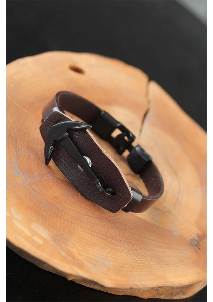 Bfs Siyah Deniz Çapalı Çelik Aksesuarlı Kahverengi Deri Erkek Bileklik
